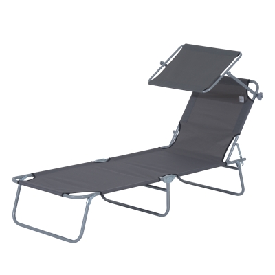 Outsunny Outdoor Lounge Chair, Adjustable Folding Chaise Lounge,  Tanning Chair with Sun Shade for Beach, Camping, Hiking, Backyard, Grey