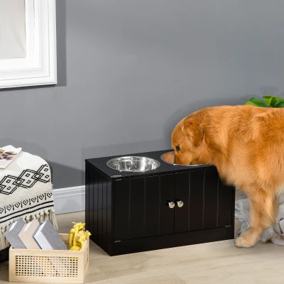 PawHut Large Elevated Dog Bowl Stand with Storage Cabinet, Black