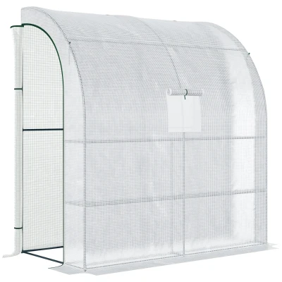 Outsunny 7' x 3' x 7' Outdoor Lean-to Walk-In Greenhouse w/ Roll-up Mesh Windows, Zipper Door and 3-Tier Shelves, White