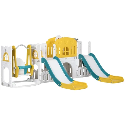 Qaba 8 in 1 Slide and Swing Set, Baby Swing Set with Basketball Hoop, Climber, Steering Wheel, for Aged 1-3 Years, Yellow