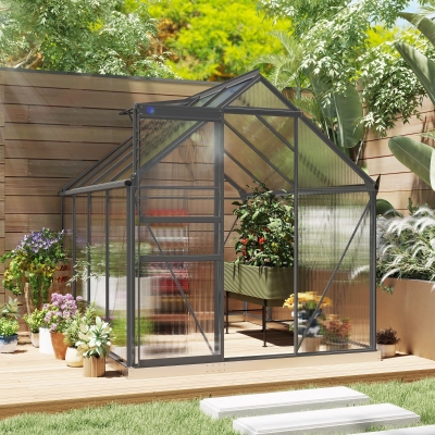 Outsunny 6' x 8' x 6.5' Polycarbonate Greenhouse, Walk-in Green House with Adjustable Roof Vent Galvanized Base Sliding Door Rain Gutter for Outdoor Garden Backyard, Charcoal Grey