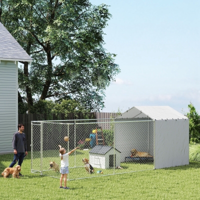 PawHut Galvanized Steel Dog Kennel Outdoor with Waterproof & UV-Resistant Cover for Large Dogs, 19.7' x 7.5' x 7.5'