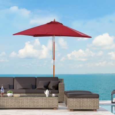 Outsunny 6.6x5ft Square Market Parasol, Wooden Patio Umbrella with Tilt Mechanism and 6 Bamboo Ribs, Garden Sunshade, Wine Red