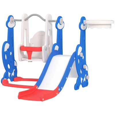 Qaba 4-in-1 Slide and Swing Set with Basketball Hoop, Climber, for Ages 1.5-4 Boys Girls Toddler, Rocket Themed, Dark Blue
