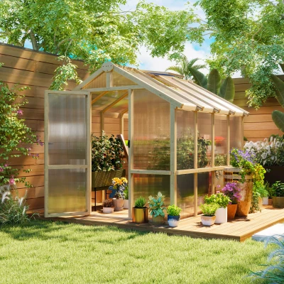 Outsunny 6.6 x 8 FT Wooden Greenhouse Kit, Polycarbonate, Lockable Door