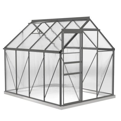 Outsunny 6' x 8' x 6.5' Polycarbonate Greenhouse, Walk-in Green House with Adjustable Roof Vent Galvanized Base Sliding Door Rain Gutter for Outdoor Garden Backyard, Charcoal Grey