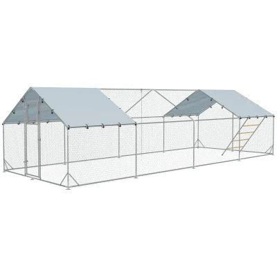 PawHut Large Metal Chicken Run with Waterproof & UV-Resistant Cover, Feeding Door, Hanging Feeder, Perch for 24-30 Chickens