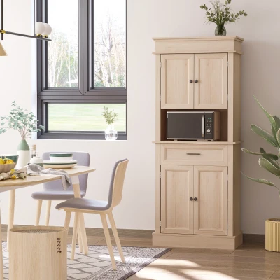 HOMCOM Oak Kitchen Pantry Cabinet with Hutch, Doors & Drawer