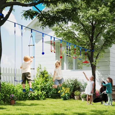 Qaba 32.8' Ninja Warrior Obstacle Course for Kids 3-6 Years, with Swing, Monkey Bars, Climbing Ladder, Gym Rings, Blue