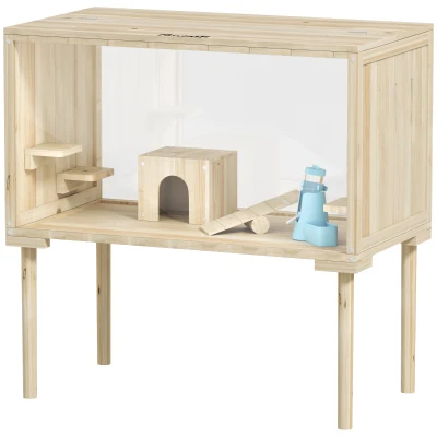 PawHut 28"L Wooden Hamster Cage with Seesaw, Water Bottle, Food Dish, Hut, Transparent Panel for Easy Observe, Nature Wood