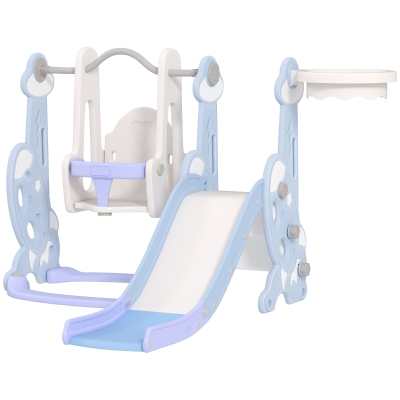 Qaba 4-in-1 Slide and Swing Set with Basketball Hoop, Climber, for Ages 1.5-4 Boys Girls Toddler, Rocket Themed, Light Blue