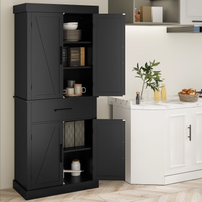 HOMCOM 72" Kitchen Storage Cabinet, Farmhouse Kitchen Pantry Cabinet with 4 Barn Doors, Drawer, Adjustable Shelves, Black