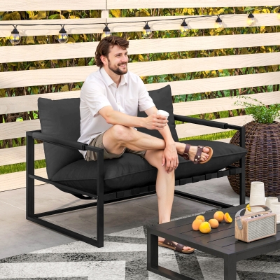 Outsunny 2 Seater Outdoor Patio Sofa, Webbing Outdoor Couch with Thickened Cushion, Armrests, Steel Frame, Black