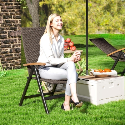 Outsunny Folding Wicker Patio Dining Chair with 5-level Reclining Back, Wooden Armrests for Outdoor, Garden, Backyard, Brown