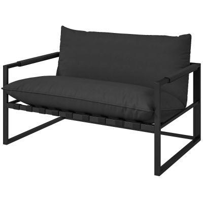 Outsunny 2 Seater Outdoor Patio Sofa, Webbing Outdoor Couch with Thickened Cushion, Armrests, Steel Frame, Black