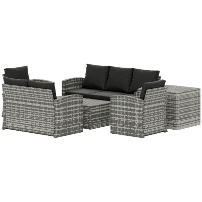 Outsunny 6 Pieces Wicker Patio Furniture Set with Cushions, 7-Seater Rattan Patio Sofa Set with Storage Coffee Table & Side Table, Sectional Outdoor Furniture Set, Black