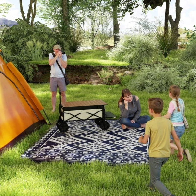 Outdoor Rug 120.1" x 95.7" x 0.12" Blue and White Rhombus Border