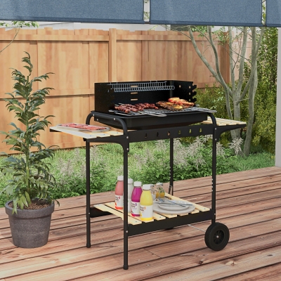 Outsunny Charcoal Barbecue Grill with Adjustable Grill Height, Portable BBQ Trolley with Ash Catcher and Wheels, Black