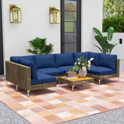 Outsunny 7-Piece Wicker Patio Furniture Set, Brown/Blue
