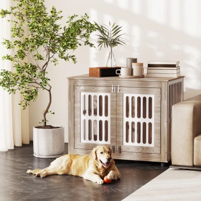 PawHut 39" Dog Crate Furniture, 2 Doors, Walnut Brown