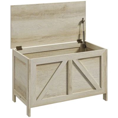 HOMCOM Storage Trunk Box Organizer with Farmhouse Panel Safety Hinge to Open Up 100° Natural