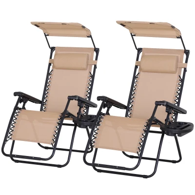 Outsunny 2 Piece Foldable Lounge Chair with Canopy Shade, Outdoor Zero Gravity Chair with Side Tray & Cup Holder, Reclining Lounger with Breathable Mesh Fabric Seat, Pillow, Beige