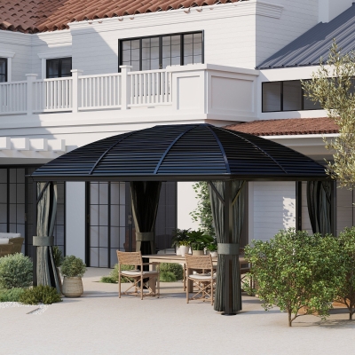 Outsunny 10' x 13' Hardtop Gazebo Aluminum Outdoor Canopy with Mesh Nettings, Curtains, Dark Grey