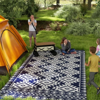 Outdoor Rug 215.7" x 107.9" x 0.12" Blue and White Rhombus Border