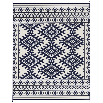 Outdoor Rug 120.1" x 95.7" x 0.12" Blue and White Rhombus Border
