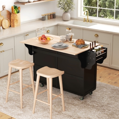 HOMCOM Kitchen Island with Storage, Rolling Kitchen Island with Drop Leaf, Rubber Wood Top and Adjustable Shelves, Black