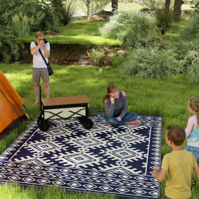 Outdoor Rug 143.7" x 107.9" x 0.12" Blue and White Rhombus Border
