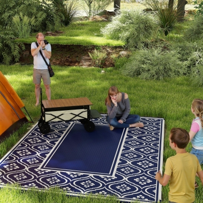 Outsunny 9' x 12' Outdoor RV Rug, Reversible Patio Floor Mat with Carry Bag, Gourd Border, Blue and White