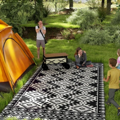 Outdoor Rug 215.7" x 107.9" x 0.12" Black and White Rhombus Border