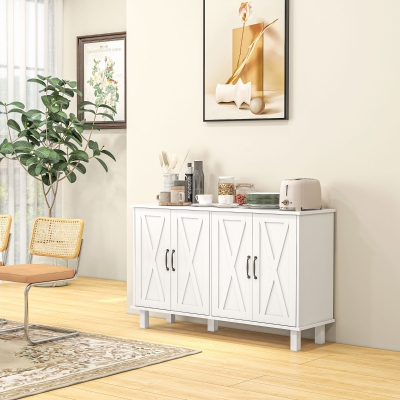 HOMCOM Kitchen Sideboard Cabinet with 4 Barn Doors and 2 Adjustable Shelves, Buffet Table for Living Room, Hallway, White