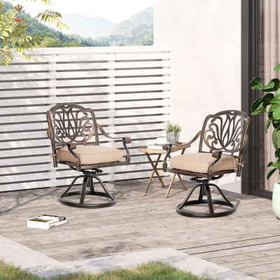Outsunny 2 Pieces Patio Swivel Chairs with Cushion, Aluminum Frame, 3" Thick Cushions, For Garden, Balcony, Porch, Bronze