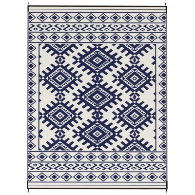 Outdoor Rug 143.7" x 107.9" x 0.12" Blue and White Rhombus Border