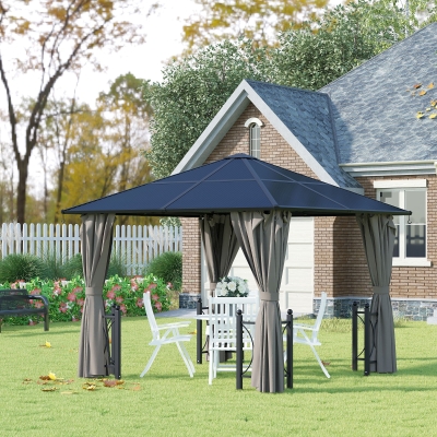 Outsunny 10' x 10' Hardtop Gazebo with PC Board Roof and Aluminum Frame, Patio Gazebo with Curtains and Netting for Party Wedding Marquee Tent, Black