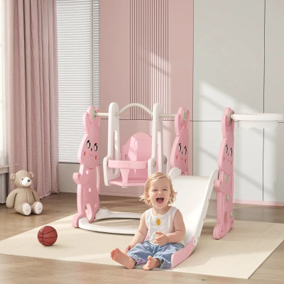 Qaba 4-in-1 Toddler Slide & Swing Set with Climber, Pink