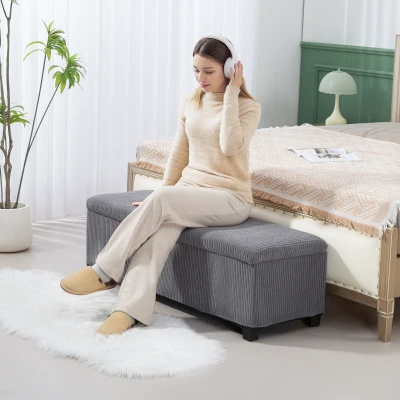 HOMCOM 47" Corduroy Storage Ottoman Bench with Legs, Gray