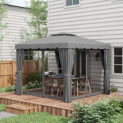 Outsunny 10' x 10' Outdoor Patio Gazebo Double Soft-top Garden Shelter Tent with Curtains, & Mesh Screen Drapes, Light Grey