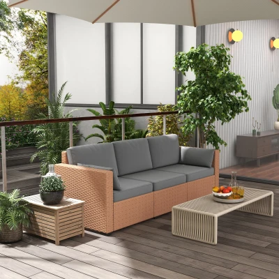 Outsunny 3-Seater Patio Couch, PE Wicker Outdoor Sofa, Sand