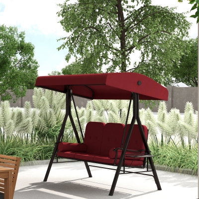 Outsunny Outdoor Patio 3-Person Steel Canopy Cushioned Seat Bench Swing with Included Side Trays & Padded Comfort, Wine Red