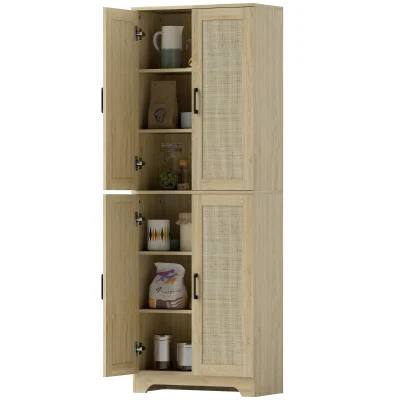 HOMCOM 67" Tall Kitchen Pantry, Freestanding Kitchen Storage Cabinet with 4 Rattan Doors and Adjustable Shelves, Oak