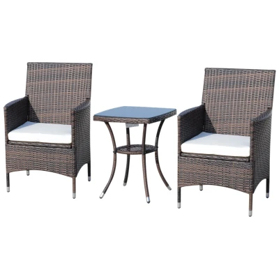 Outsunny 3 Pieces Wicker Patio Furniture Set, Rattan Bistro Set with Glass Top Coffee Table and Cushions, Outdoor Conversation Set for Garden, Porch, Balcony, Coffee