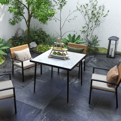 Outsunny Outdoor Dining Table for 4, Square Patio Dining Table with Marble Effect Tempered Glass Top and Steel Frame, White