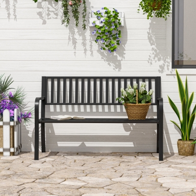 Outsunny 50" Steel Garden Bench Patio Metal Backyard Park Chair Outdoor Seat Furniture, Black