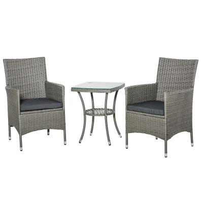 Outsunny 3 Pieces Wicker Patio Furniture Set, Rattan Bistro Set with Glass Top Coffee Table and Cushions, Outdoor Conversation Set for Garden, Porch, Balcony, Grey