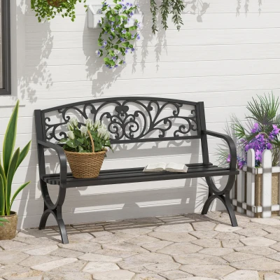 Outsunny 50" 2-Seater Garden Bench, Patio Porch Decorative Chair Cast Iron Loveseat Outdoor Furniture for Yard, Lawn, Porch, Black