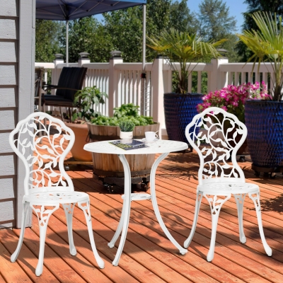 Outsunny 3 Pieces Outdoor Furniture Set, Patio Table and Chairs with Cast Aluminum Frame for Garden, Balcony, Porch, White