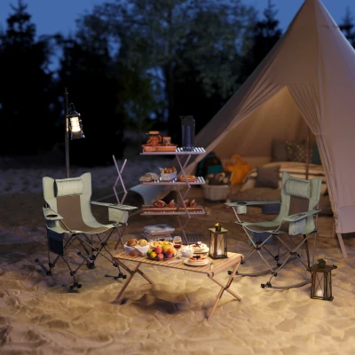 Outsunny 2PC Folding Rocking Camping Chairs, Portable w/ Headrest, Gray